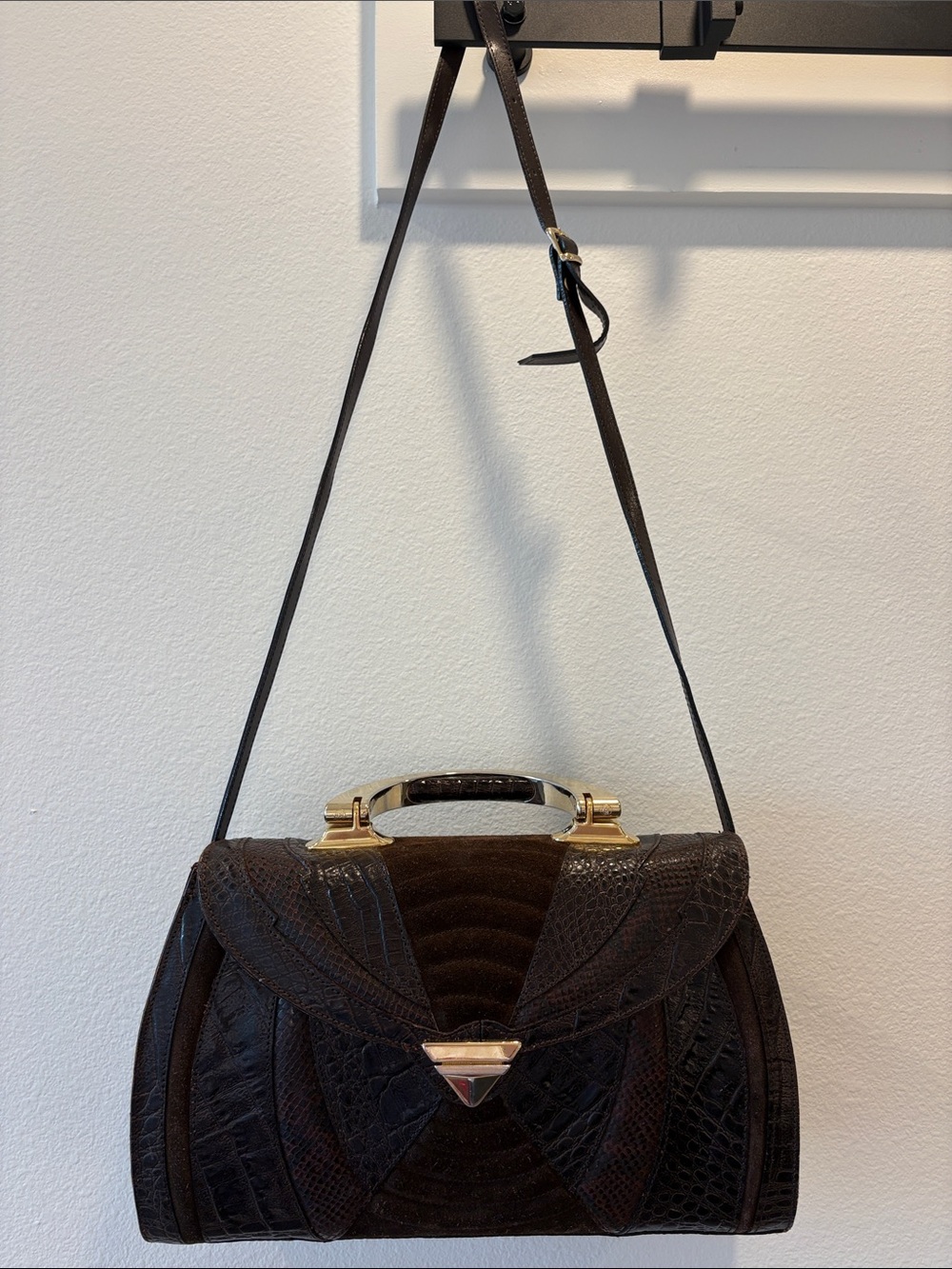 Vintage Italian Brown Leather & Suede Structured Statement Shoulder Bag